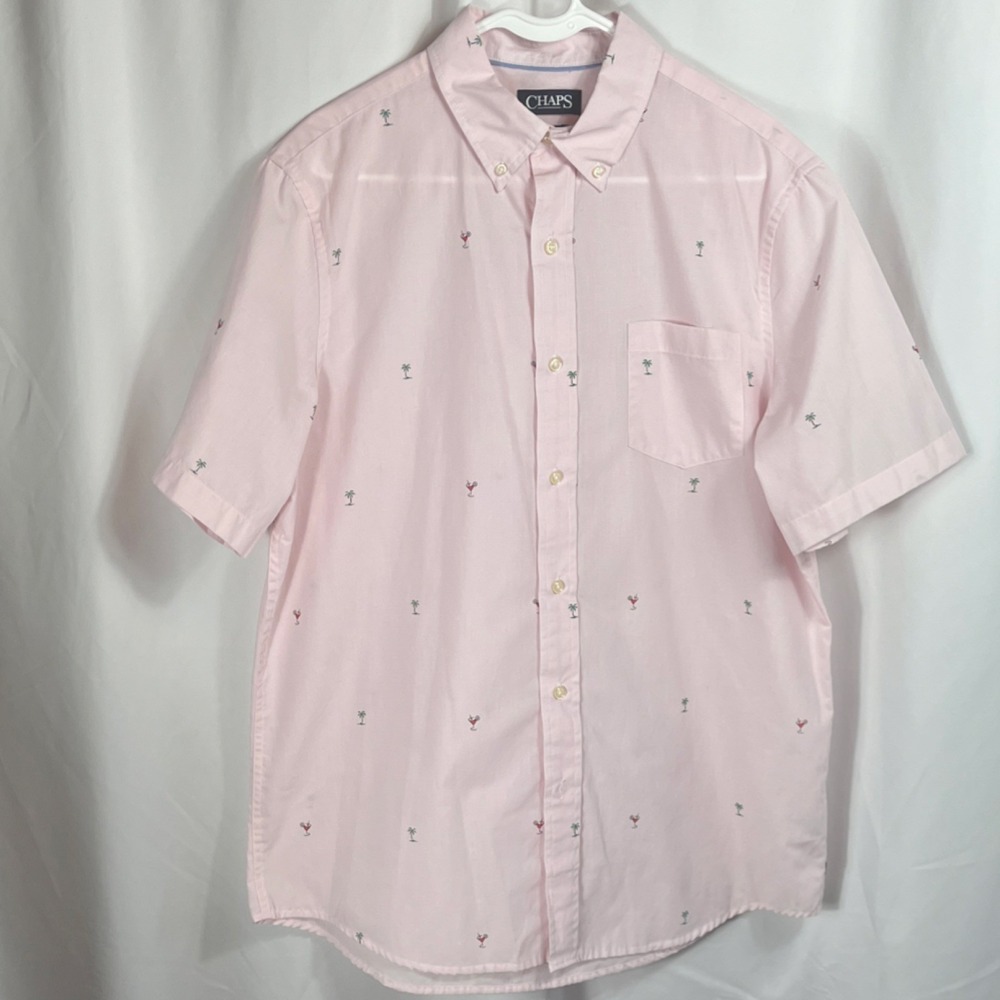 Chaps Easy Care Pink with Print Short Sleeve Button-Down Shirt Men's Size Large